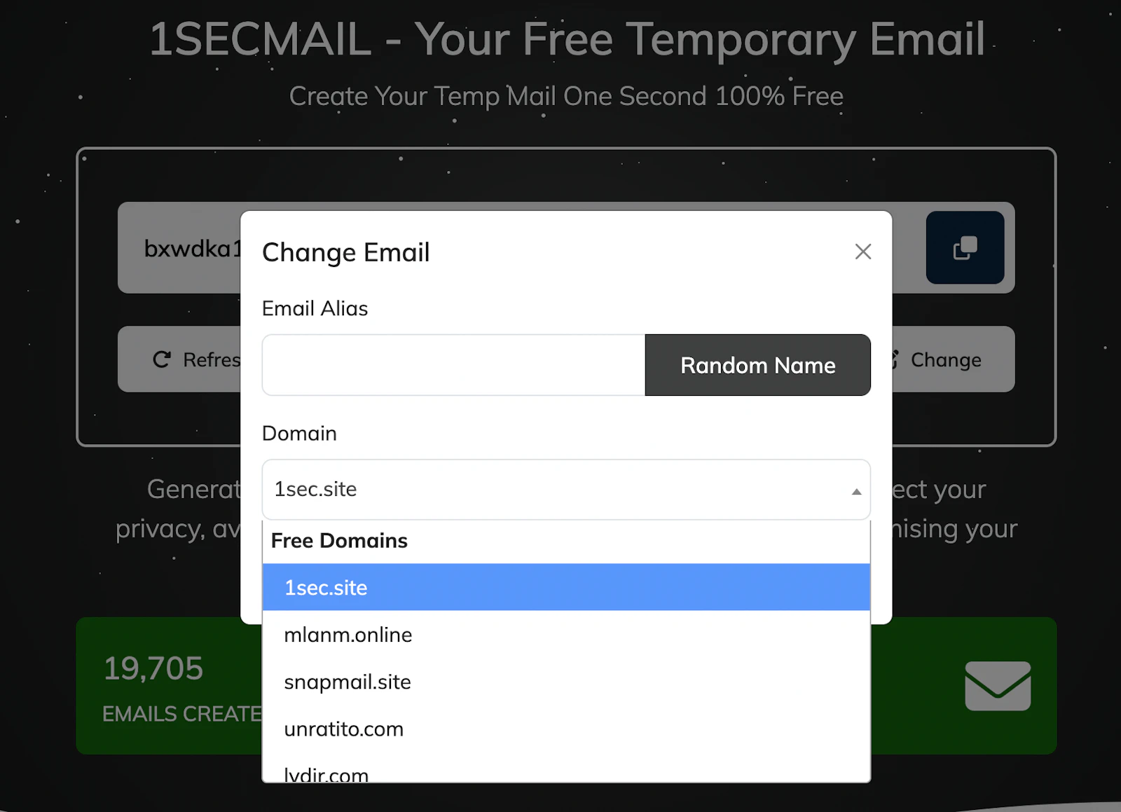 1SecMail screenshot — Instant temporary email