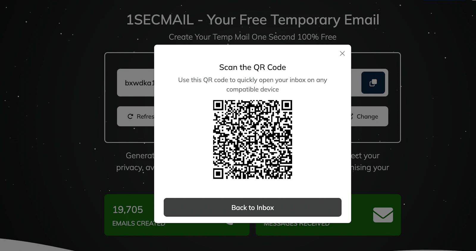 1SecMail screenshot — Instant temporary email