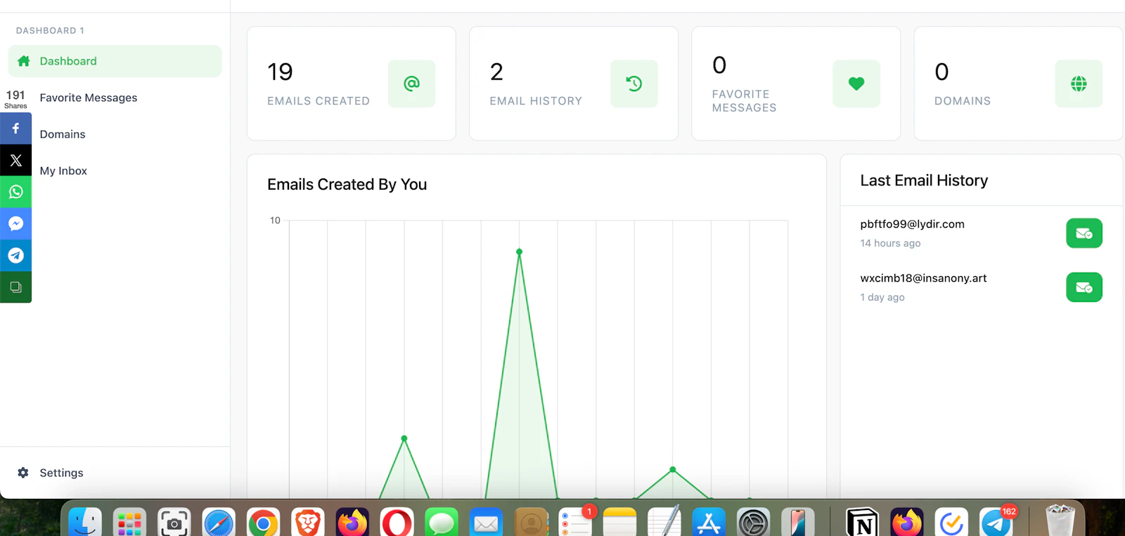1SecMail screenshot — Instant temporary email