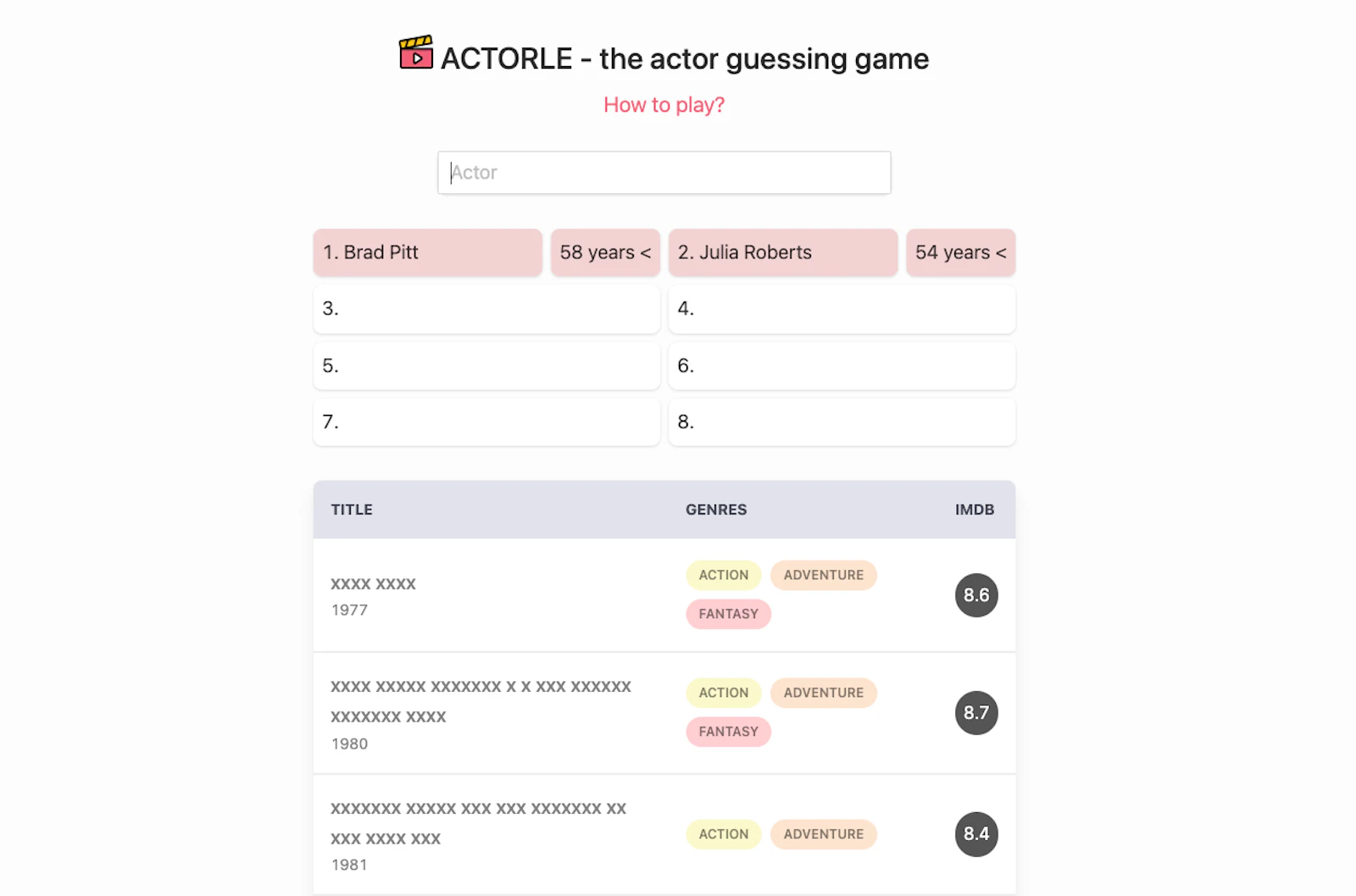 Actorle screenshot — The actor guessing game.