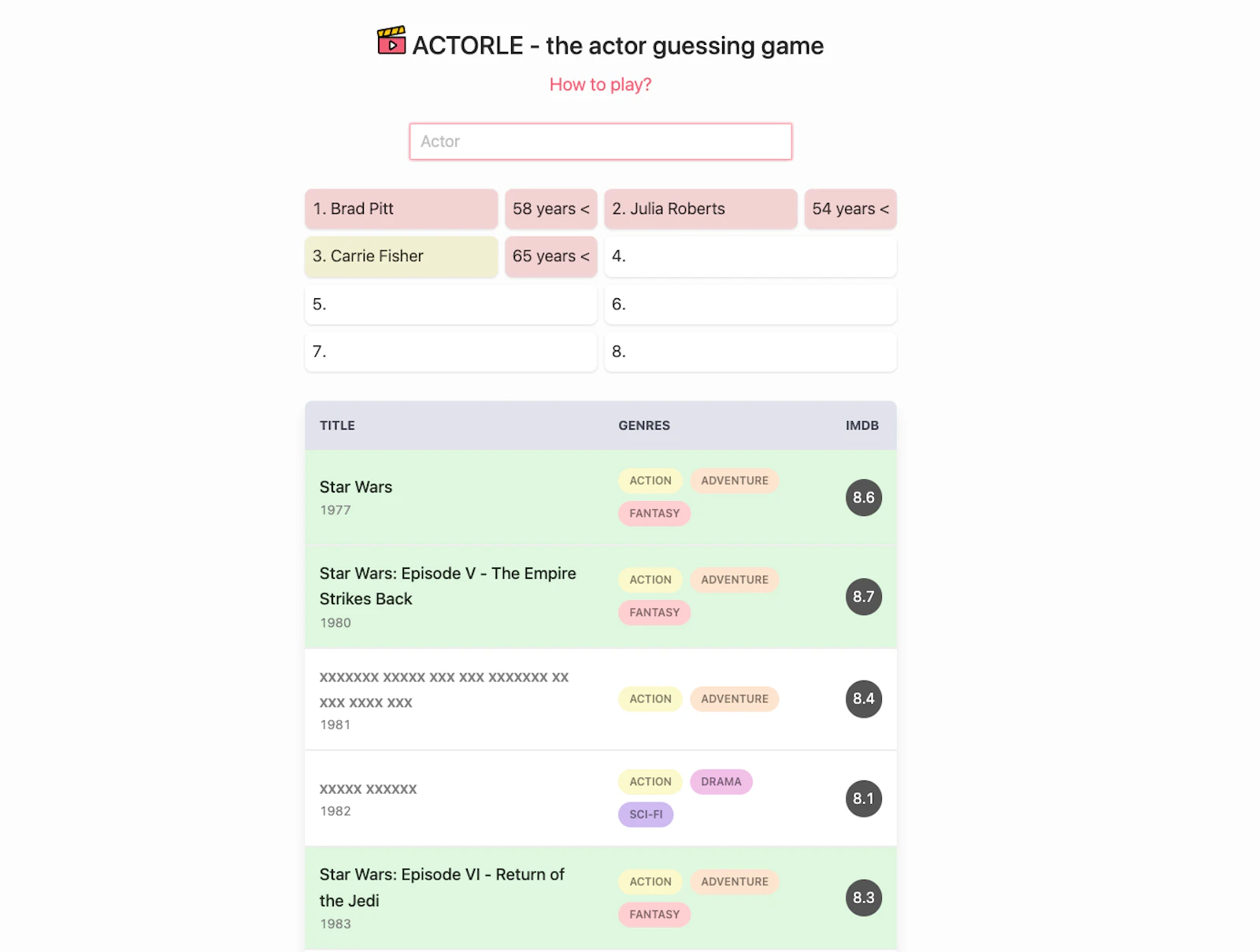 Actorle screenshot — The actor guessing game.