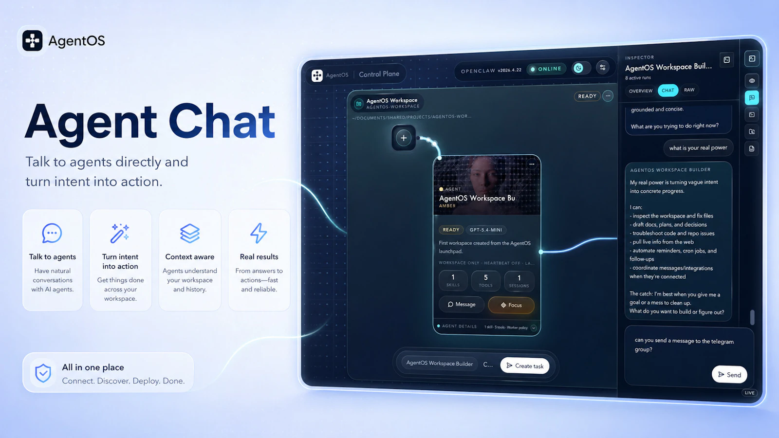 AgentOS screenshot — Manage AI agents, tasks, workspaces from one control layer