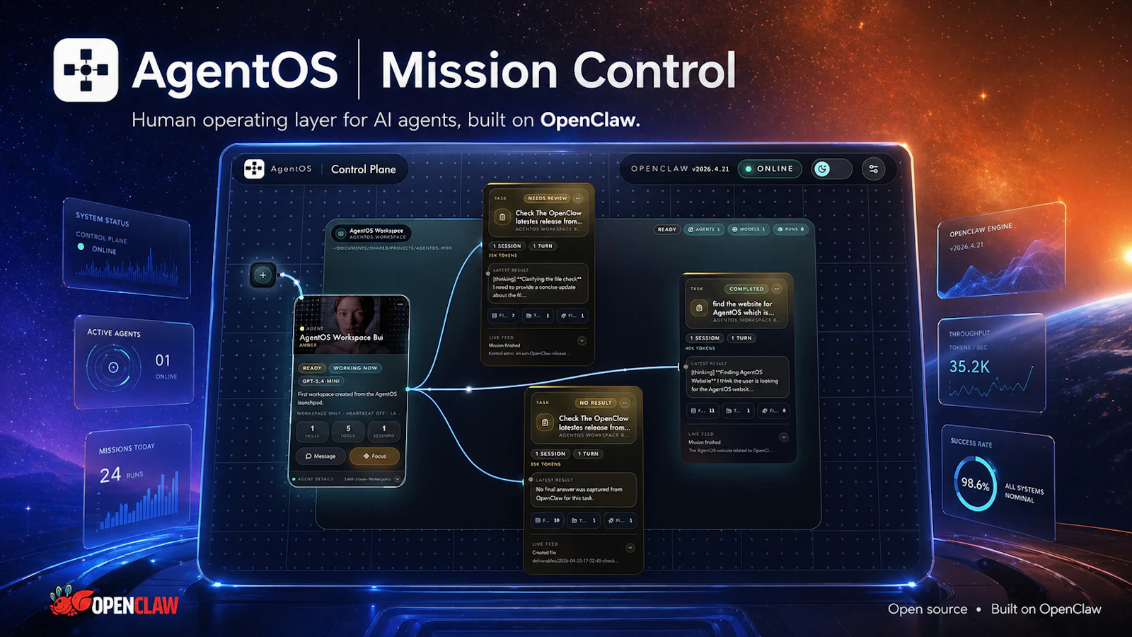 AgentOS screenshot — Manage AI agents, tasks, workspaces from one control layer