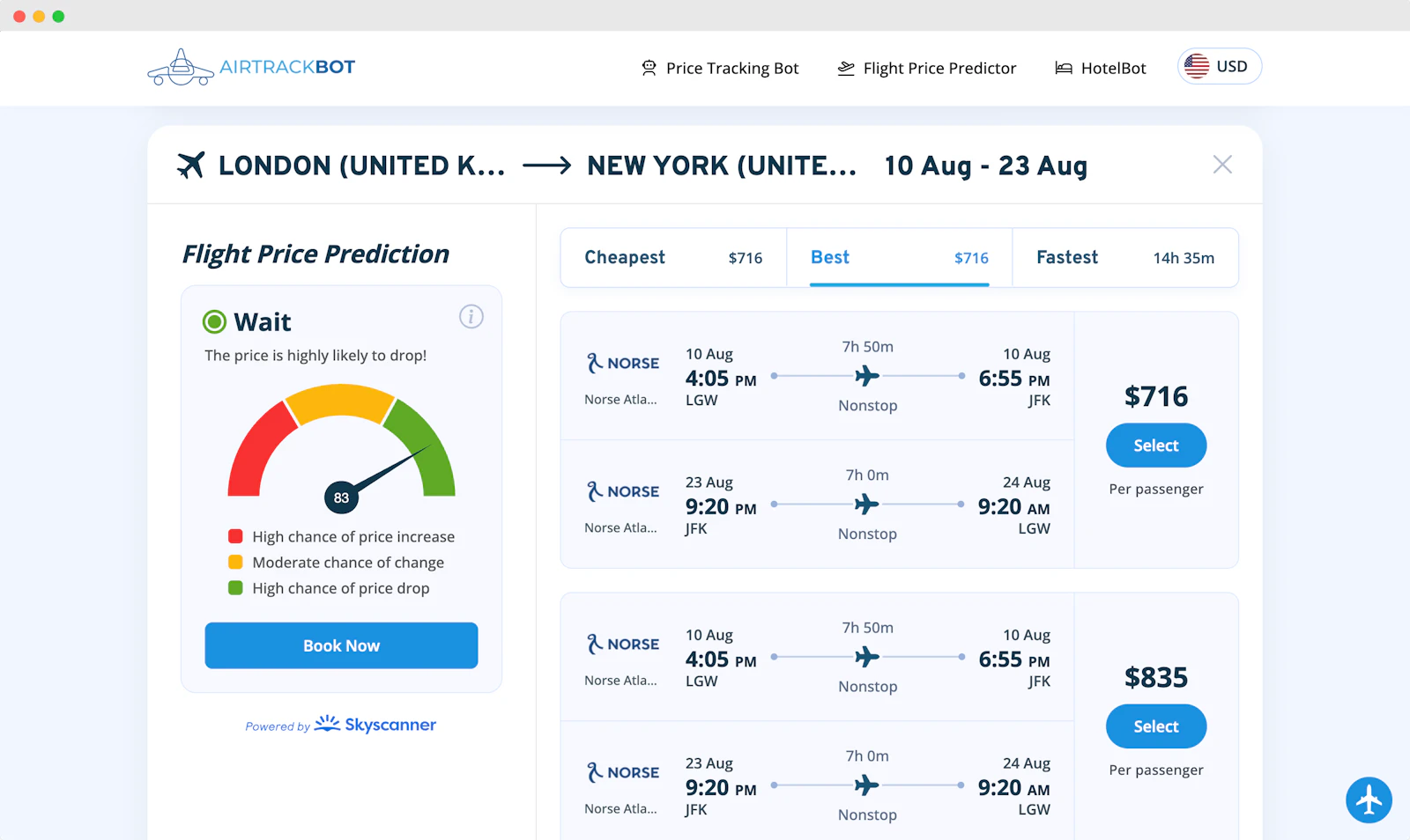 AirTrack • Flight Price Predictor screenshot — AI predicts if flight prices will drop or rise