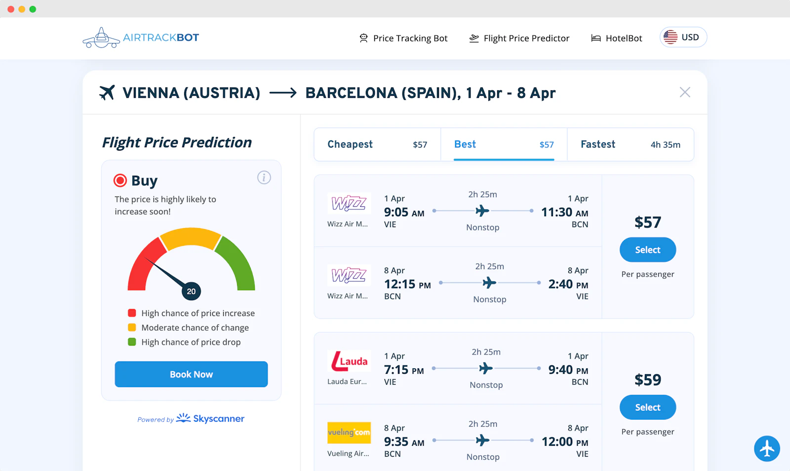 AirTrack • Flight Price Predictor screenshot — AI predicts if flight prices will drop or rise