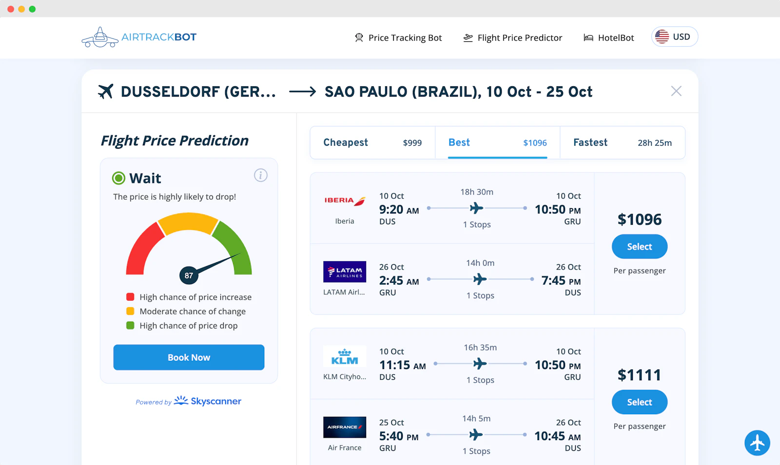 AirTrack • Flight Price Predictor screenshot — AI predicts if flight prices will drop or rise