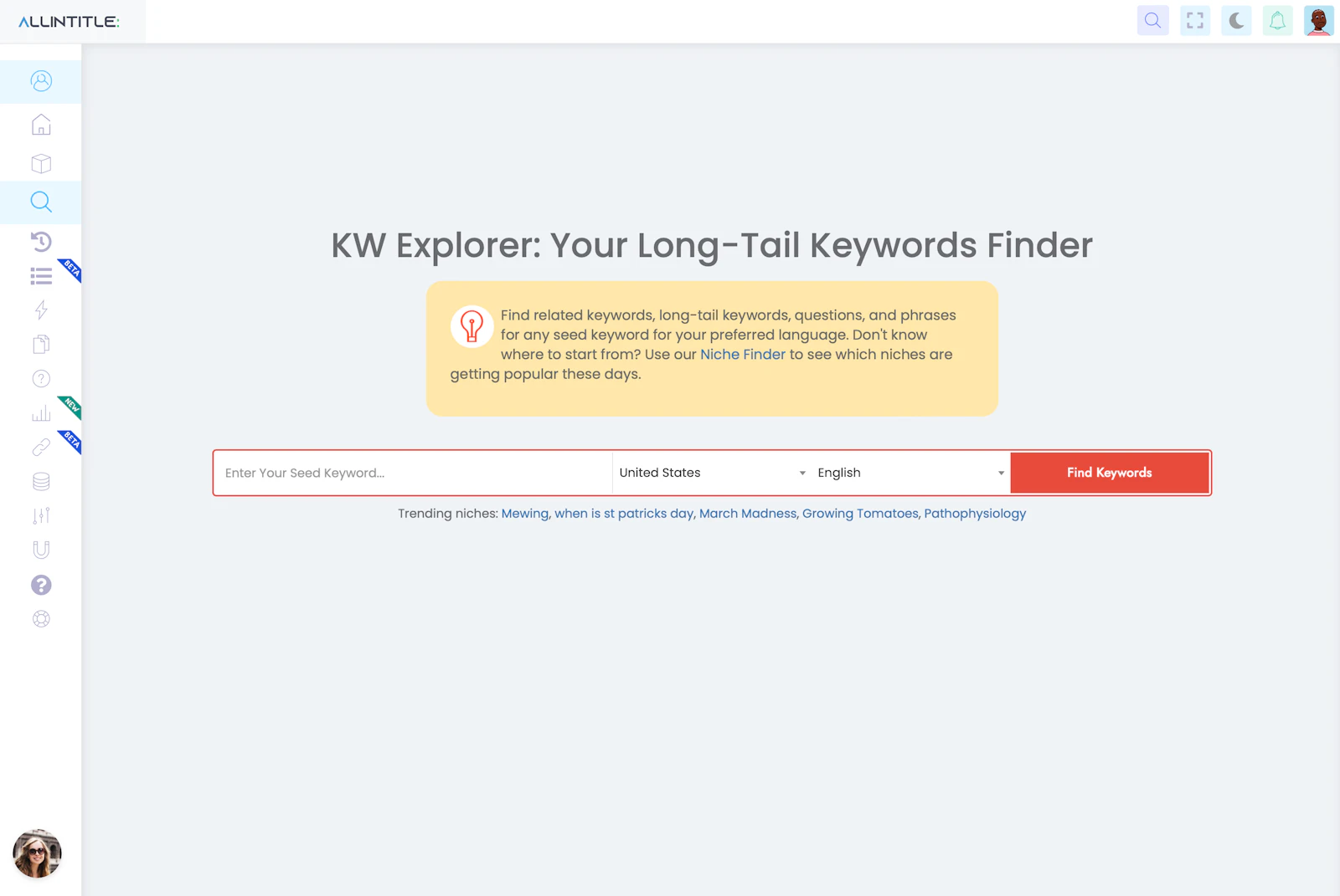 Allintitle screenshot — 100% free real-time long-tail keyword finder