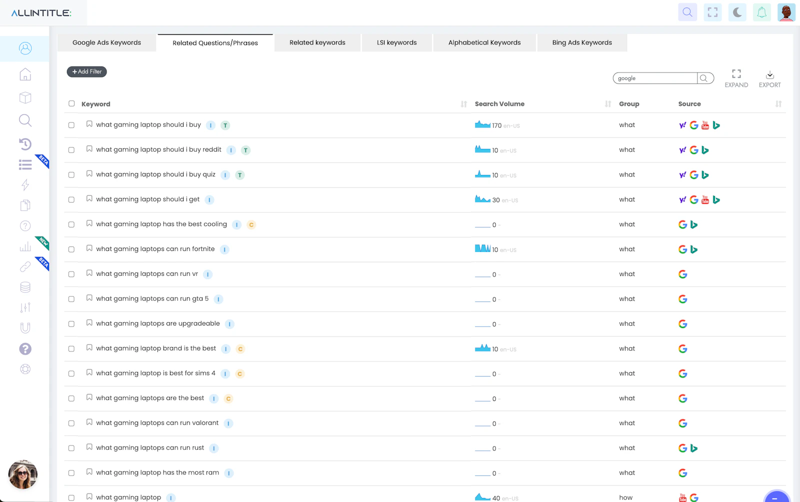 Allintitle screenshot — 100% free real-time long-tail keyword finder