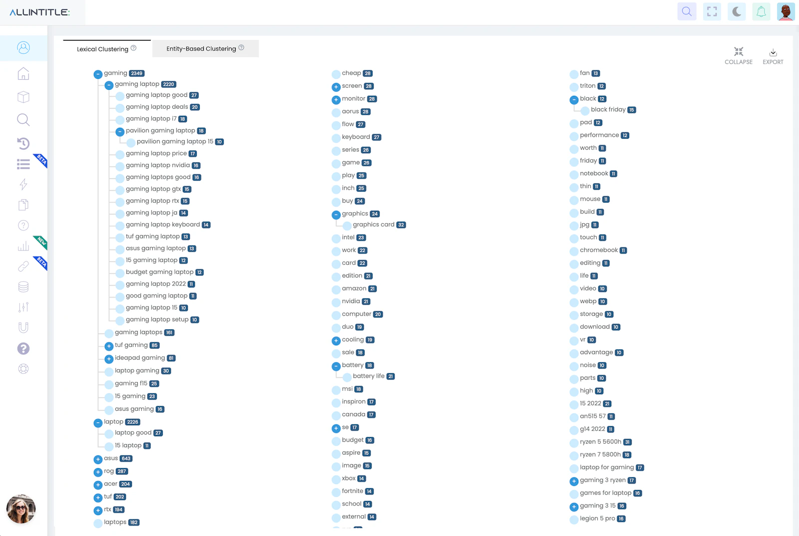 Allintitle screenshot — 100% free real-time long-tail keyword finder