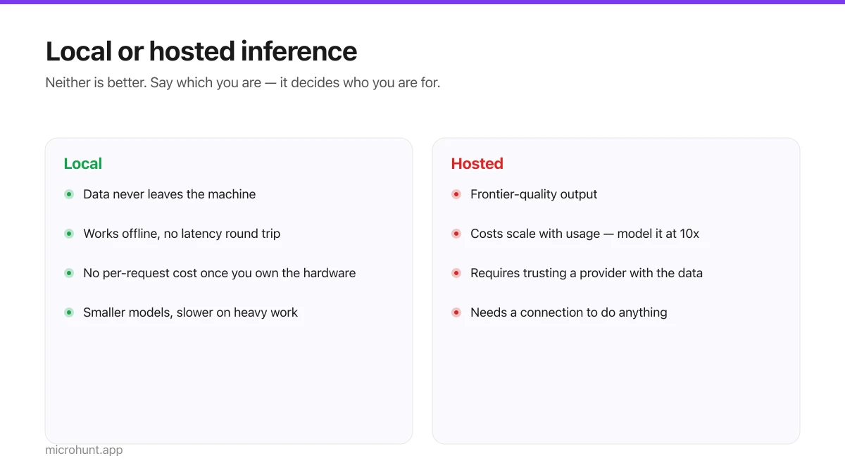 Two columns comparing local inference against hosted inference