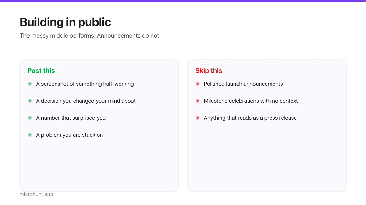 Two columns on what to post while building in public