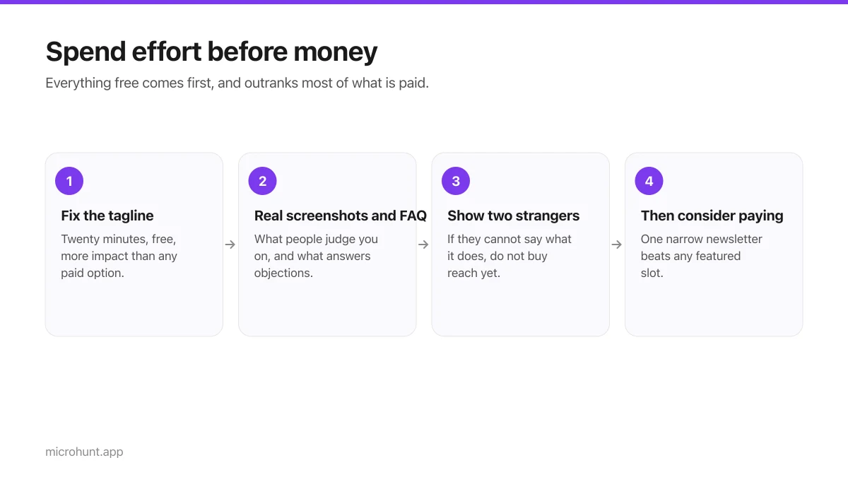 Four-step flow showing the order to spend effort and money on a launch