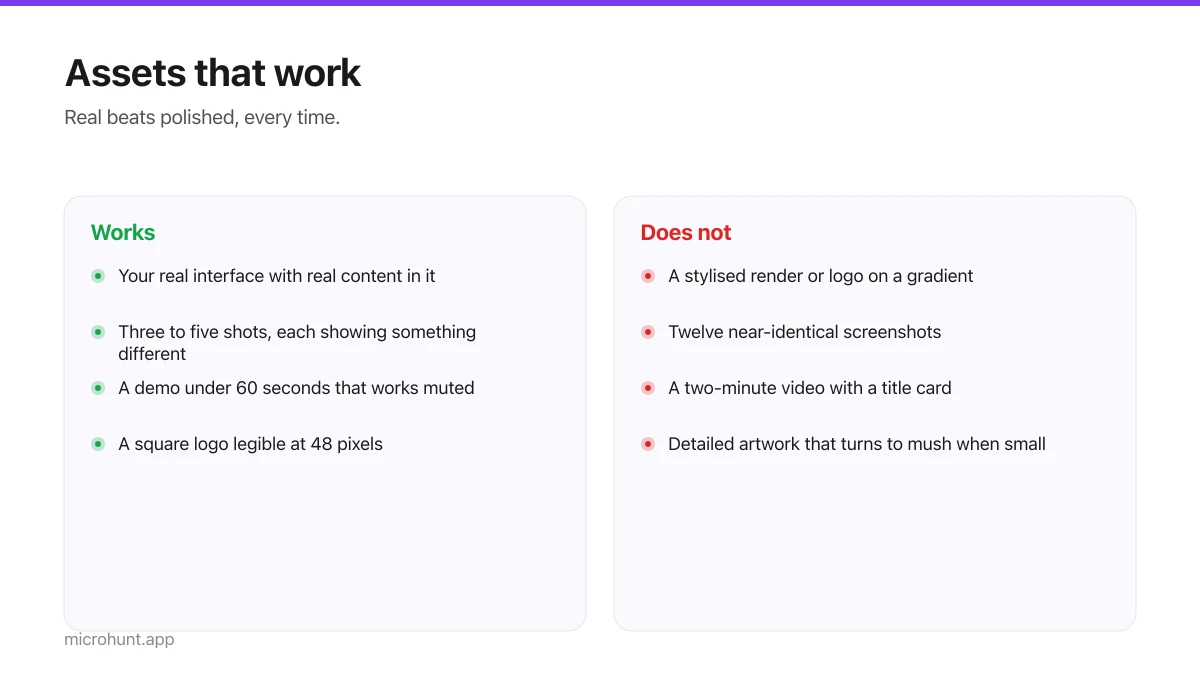 Two columns comparing launch assets that work against those that do not