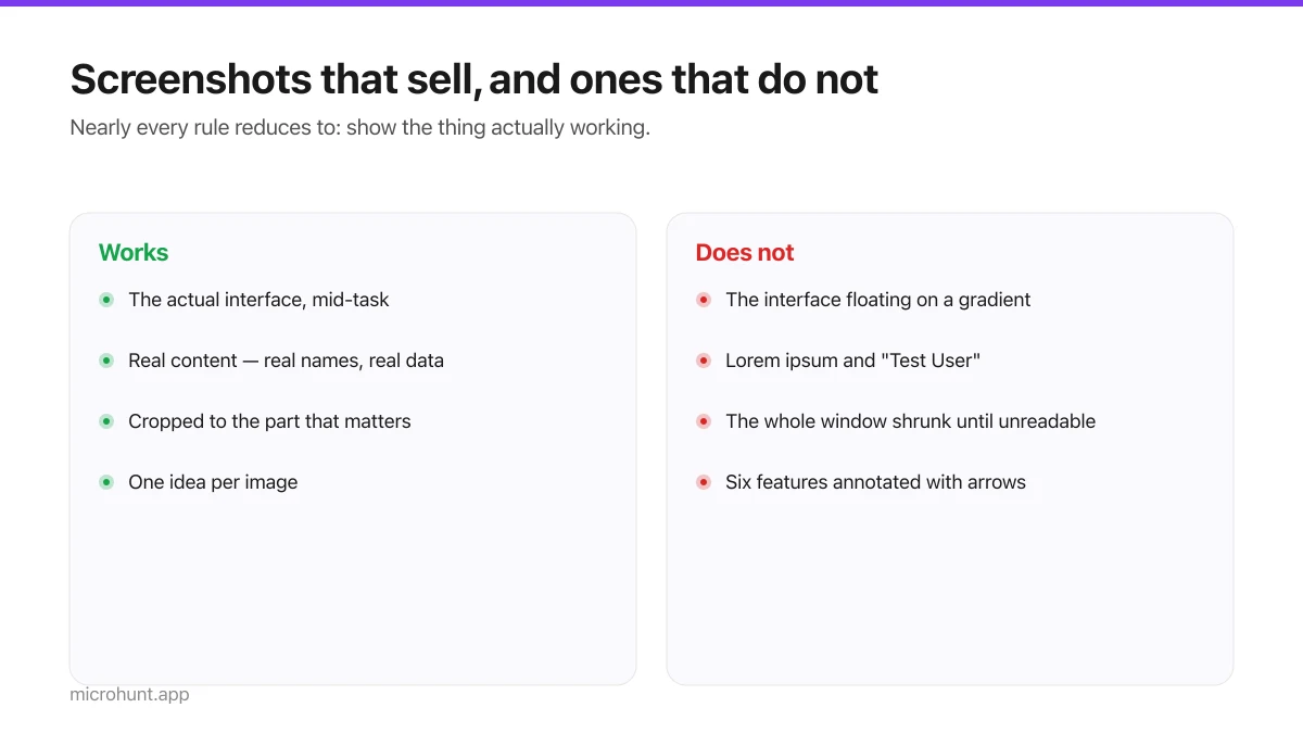 Two columns comparing screenshots that work against ones that do not