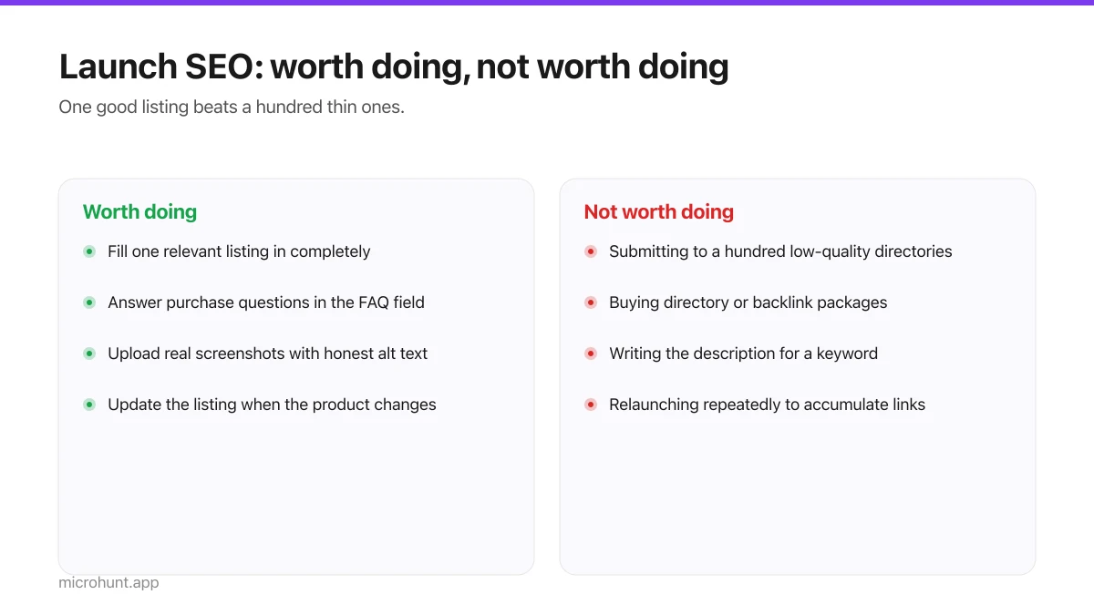 Two columns comparing worthwhile launch SEO practices against harmful ones