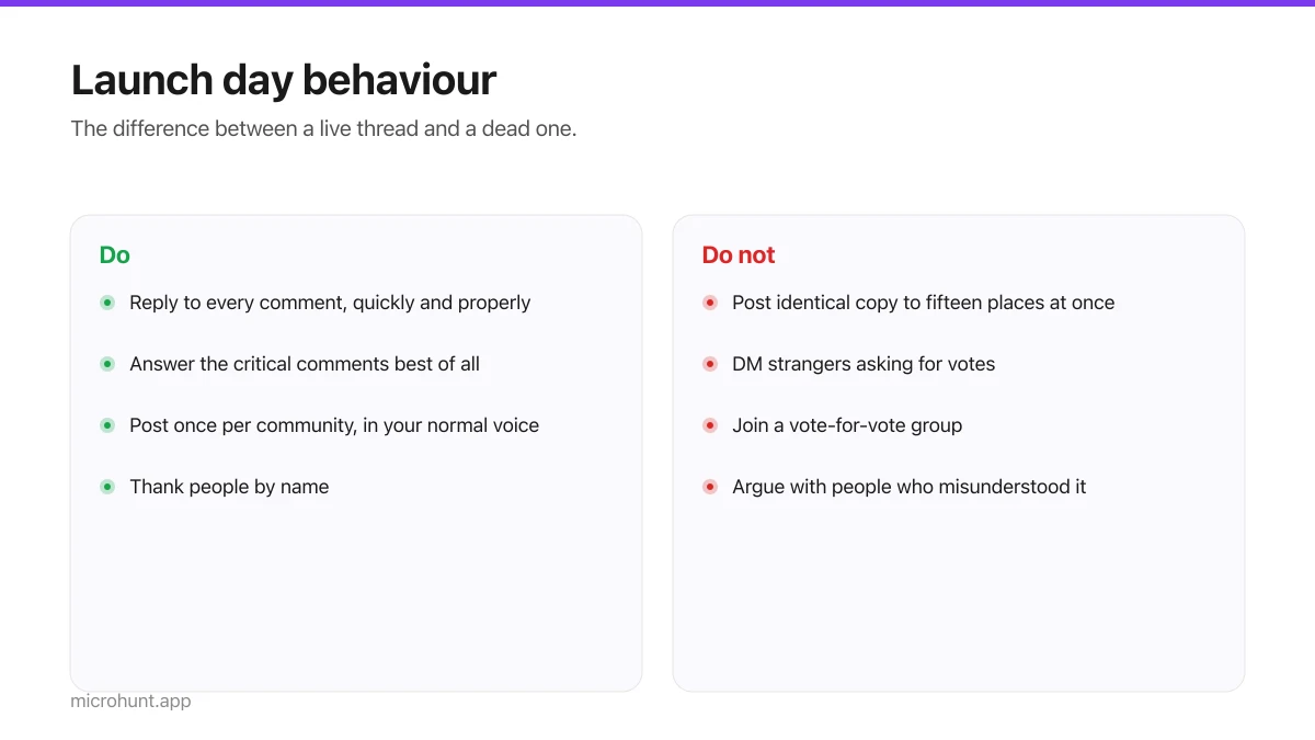 Two columns of launch day behaviour to do and to avoid