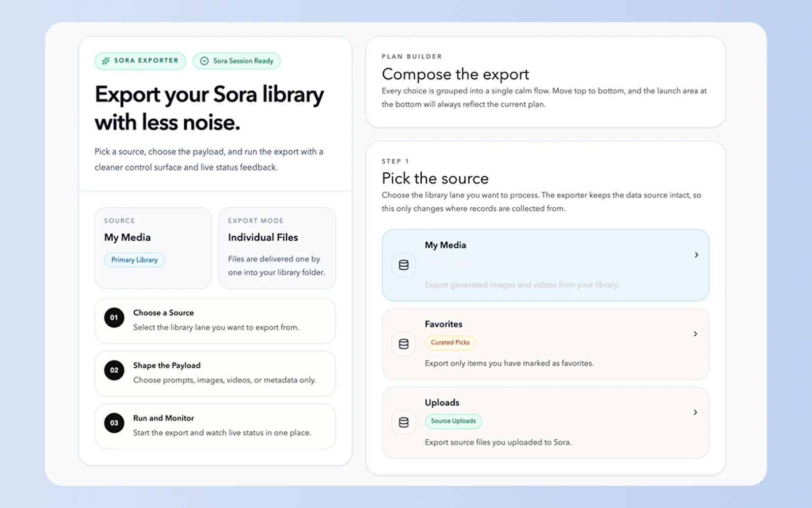 Bulk Exporter for Sora screenshot — 1-click backup for your Sora videos, images & prompts.