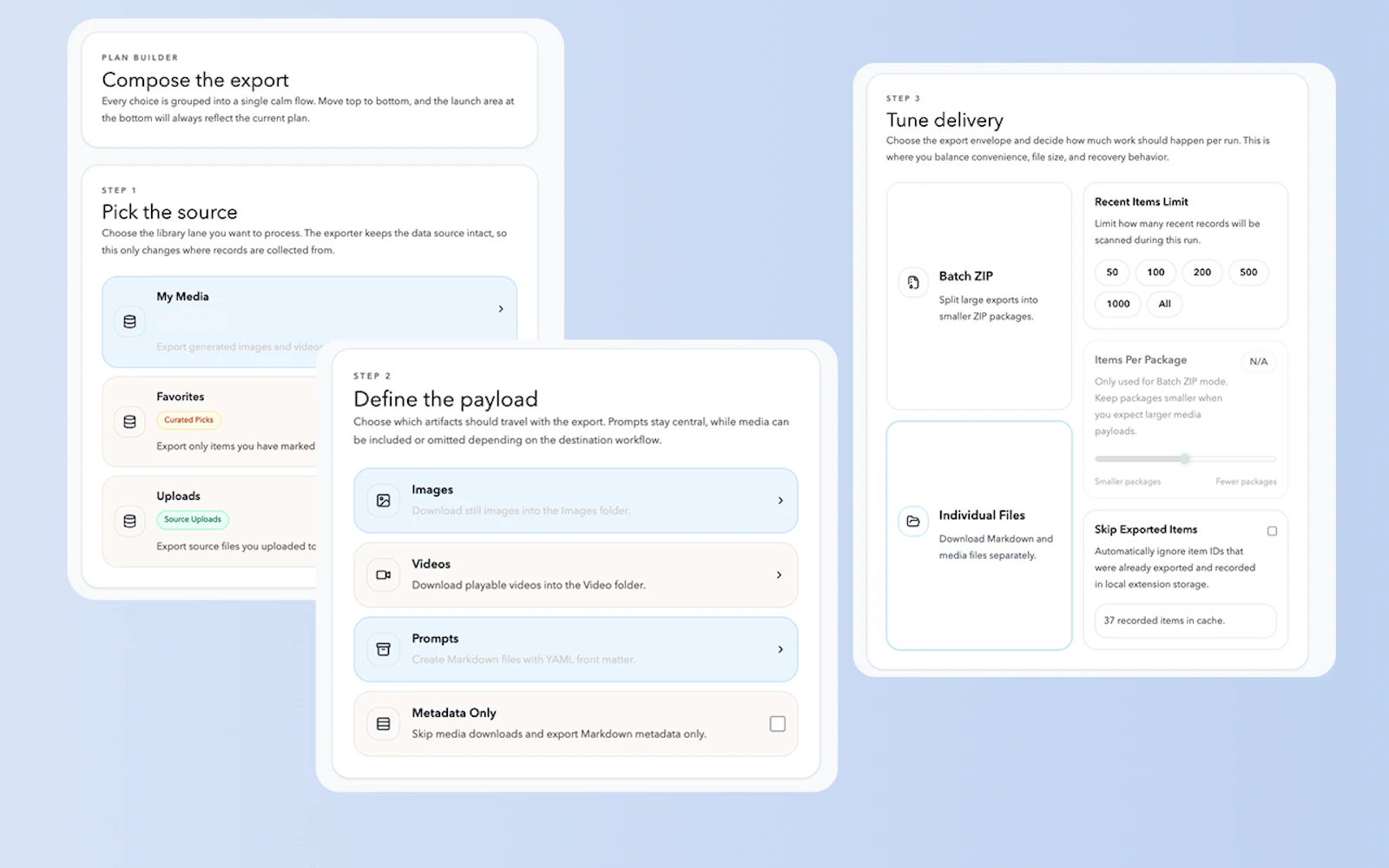 Bulk Exporter for Sora screenshot — 1-click backup for your Sora videos, images & prompts.