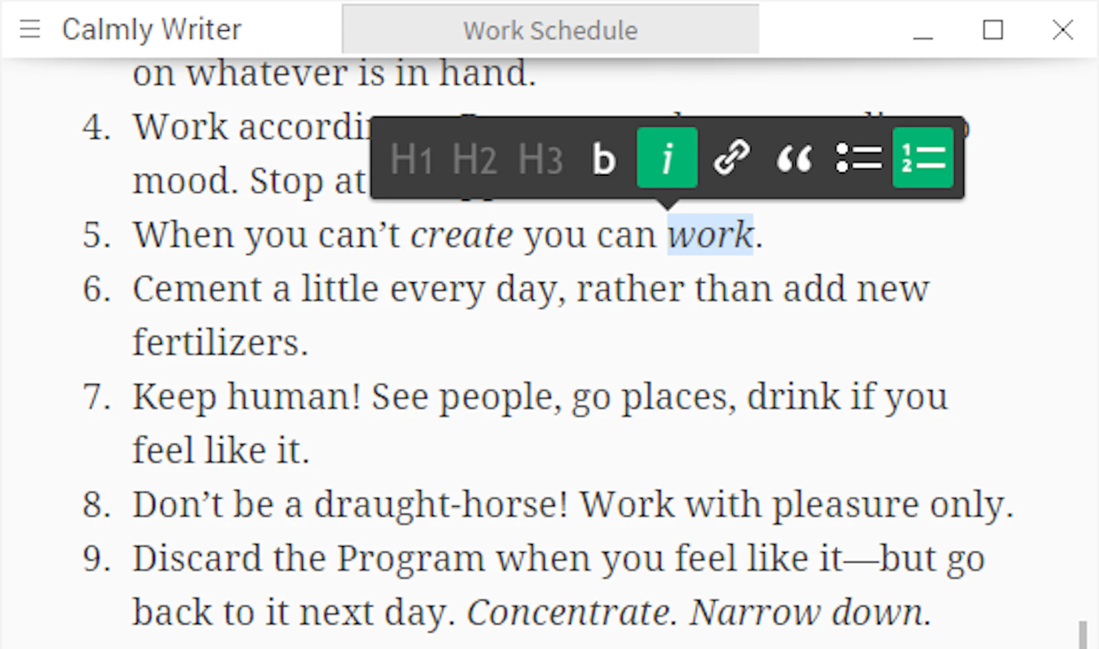 Calmly Writer screenshot — Distraction-free writing