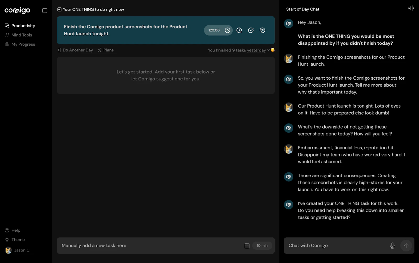 Comigo screenshot — AI productivity co-pilot for people with ADHD