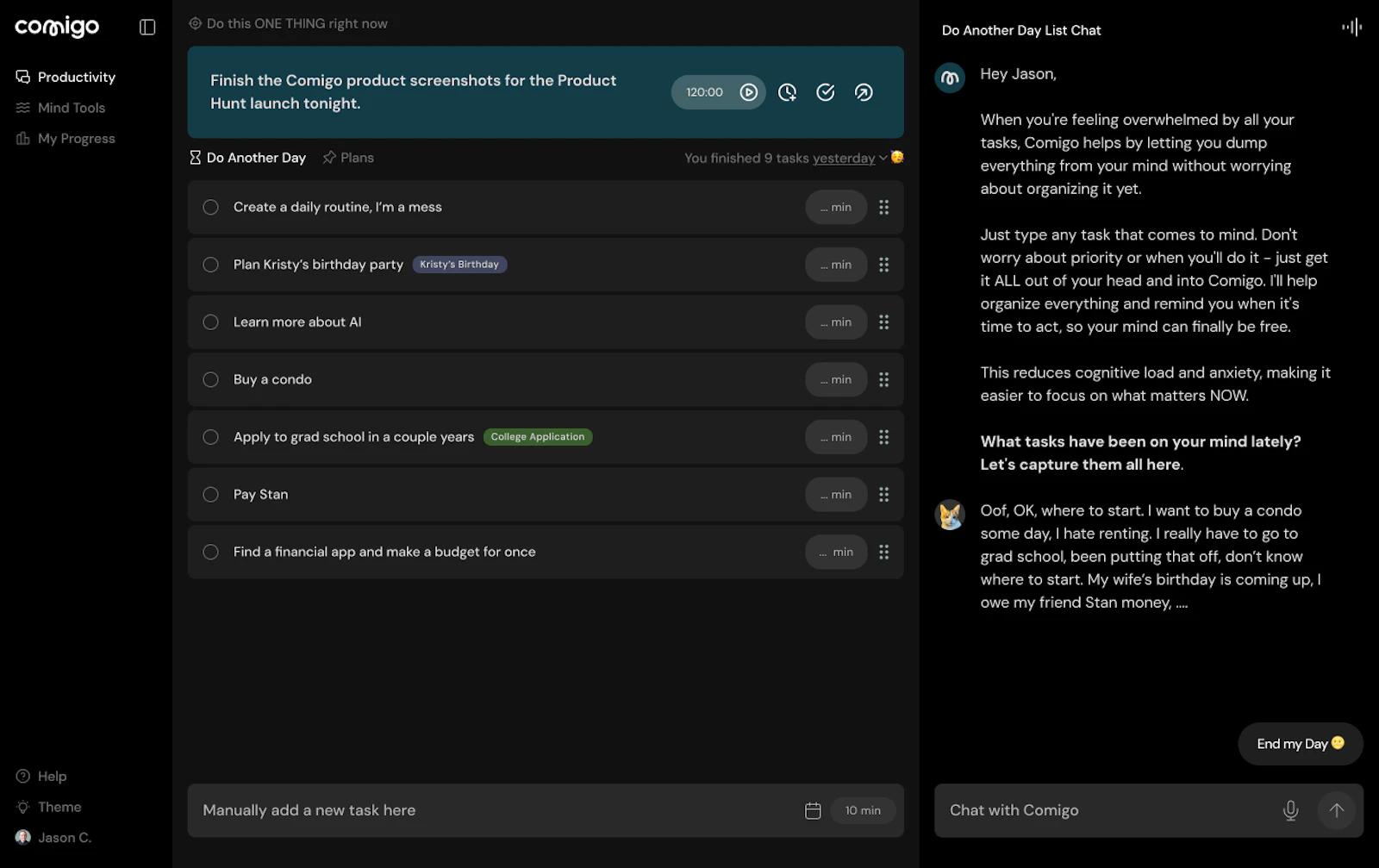 Comigo screenshot — AI productivity co-pilot for people with ADHD