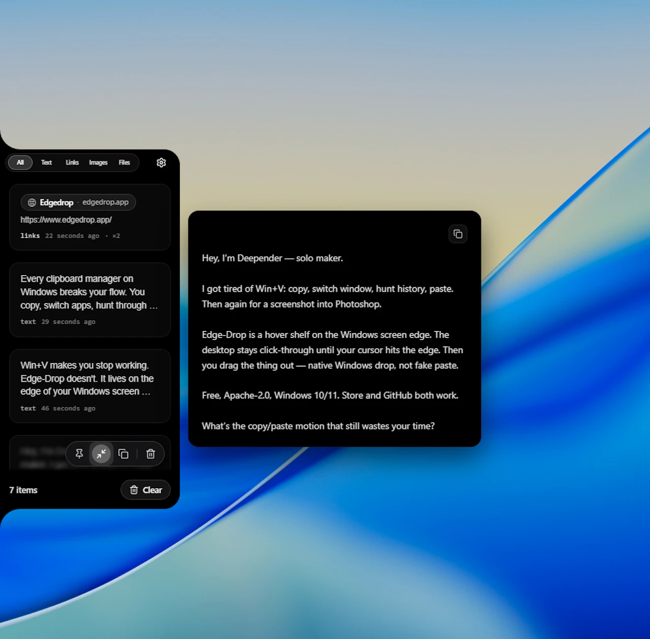 Edge Drop screenshot — Clipboard on your screen edge. Hover to open, drag to drop