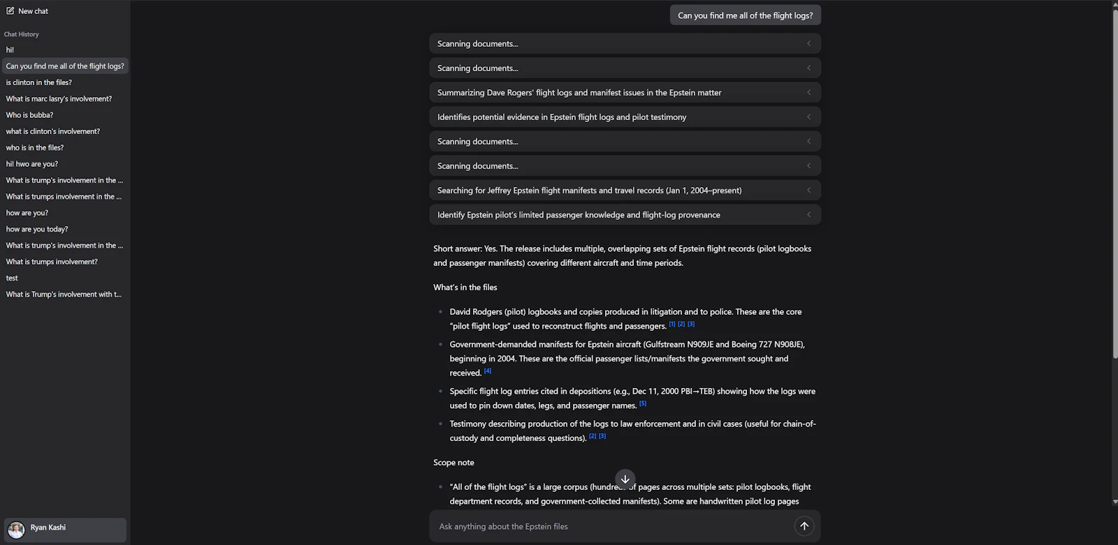 EpsteinGPT screenshot — ChatGPT connected to the Epstein Files