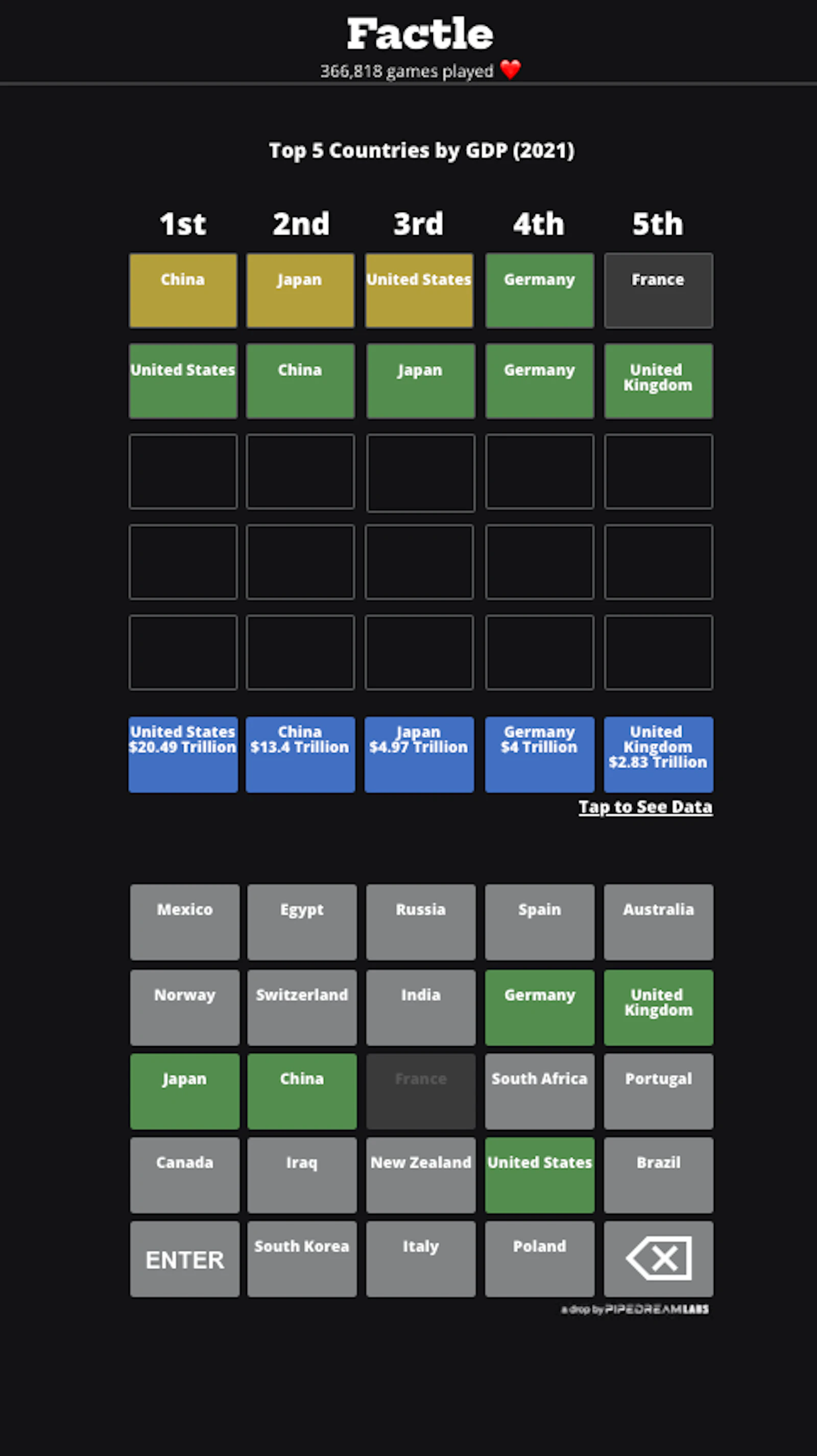 Factle.app screenshot — Wordle, but for Trivia
