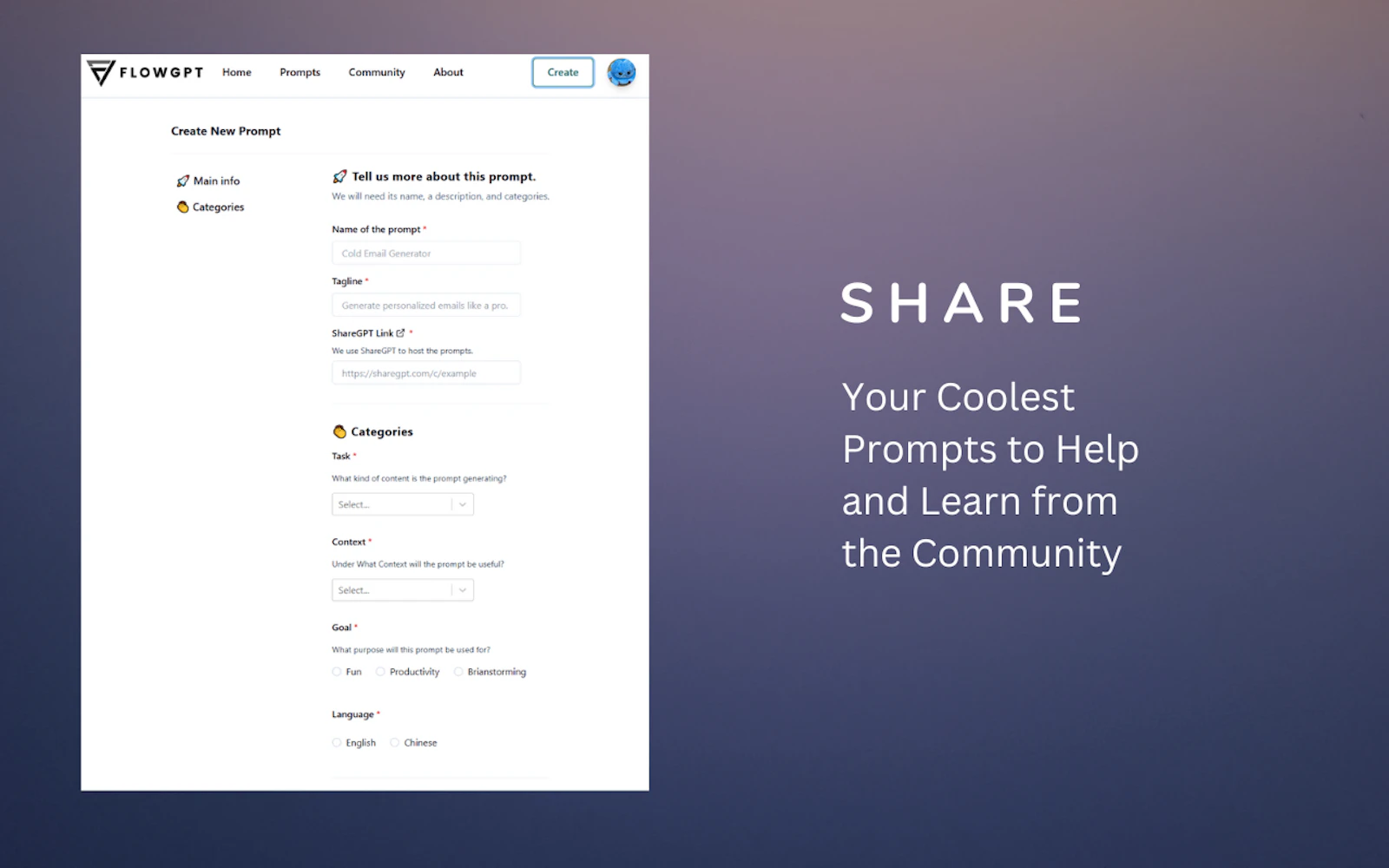 Flow GPT screenshot — Share and discover useful ChatGPT prompts