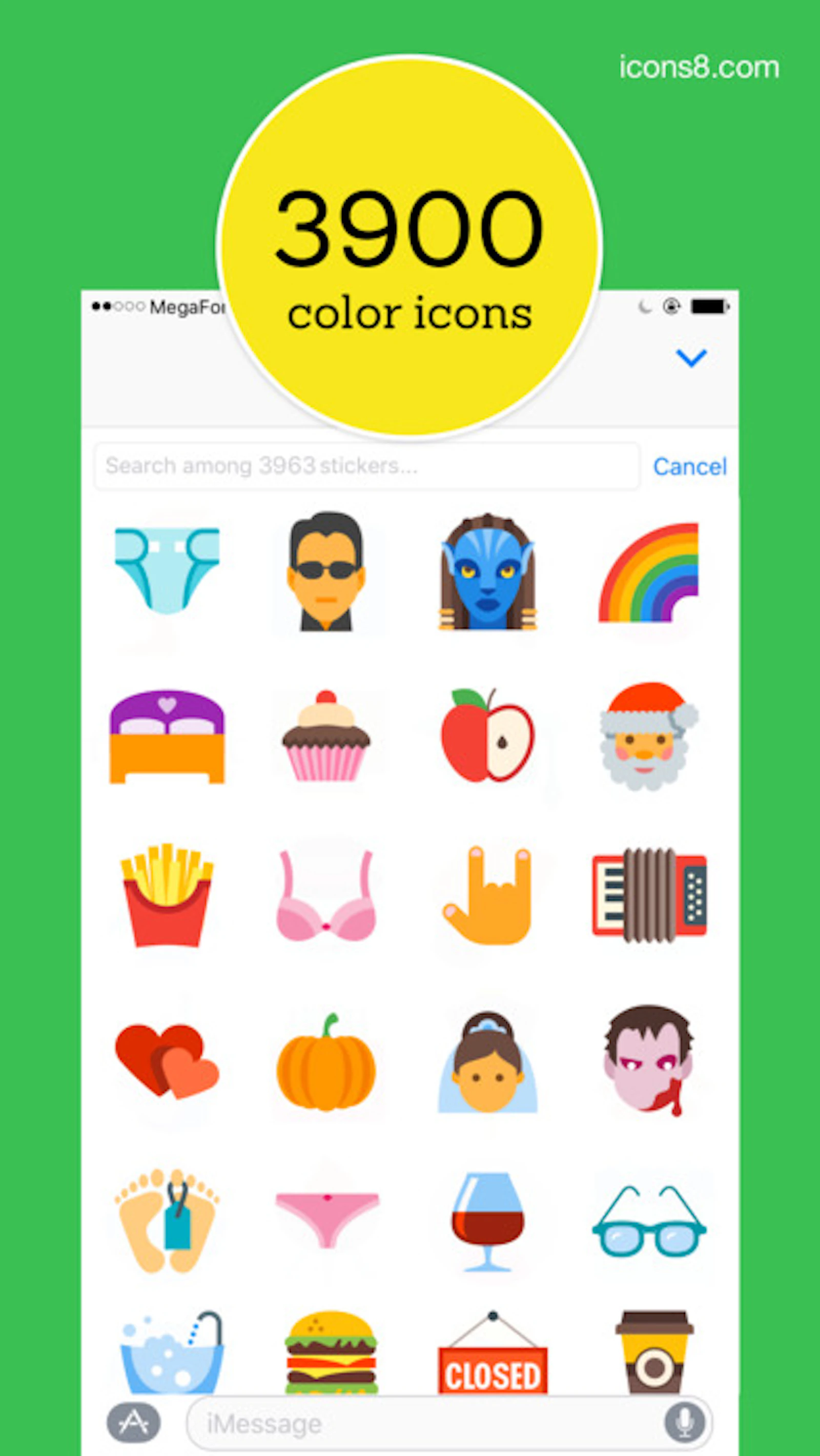 Icons8 screenshot — 3900 unique color stickers for iMessage