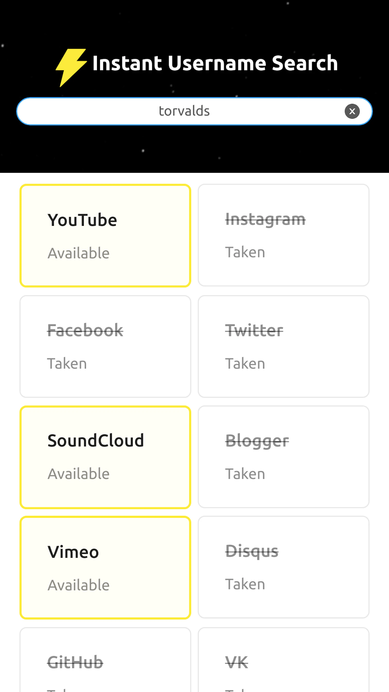 Instant Username Search screenshot — Check out if your username is available