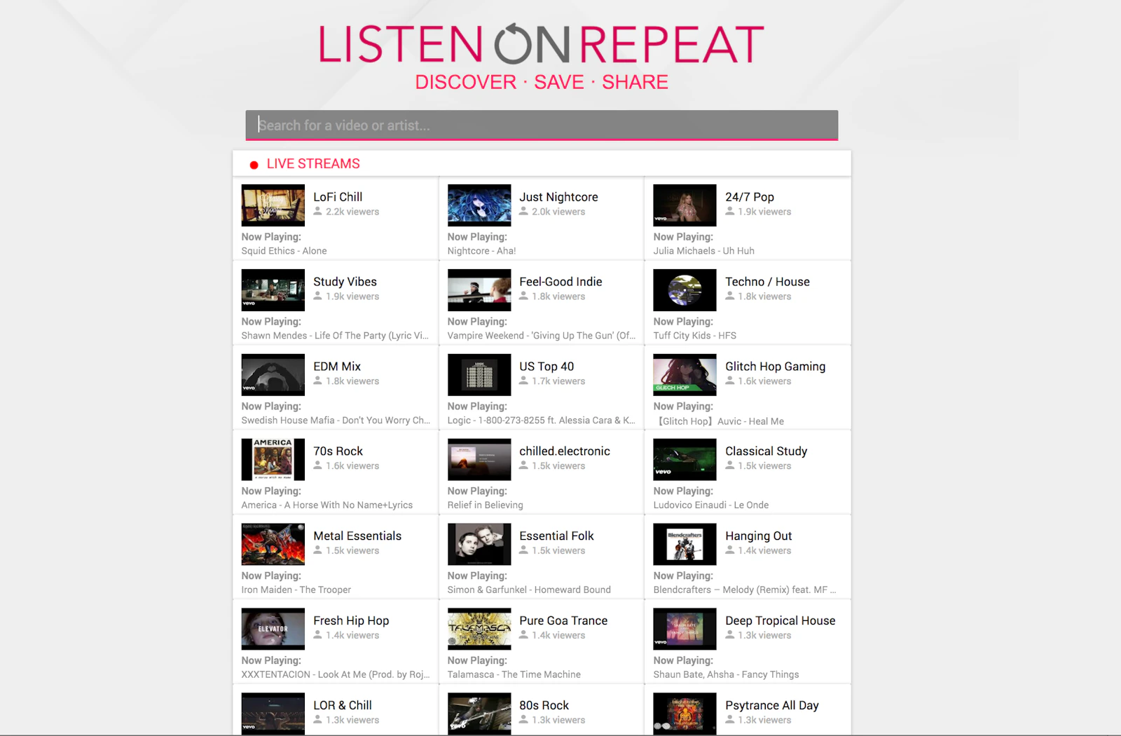 ListenOnRepeat screenshot — 24/7 curated music streams