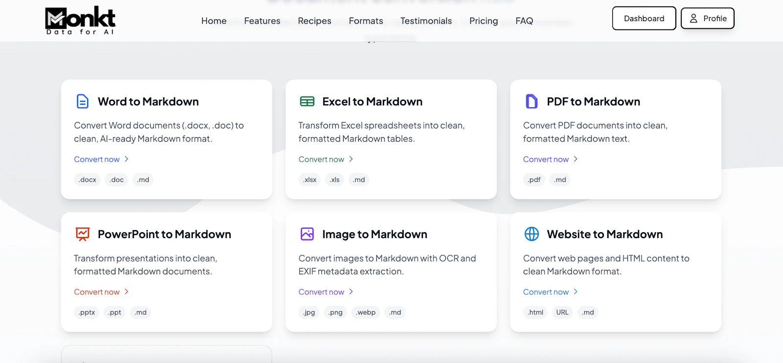 Monkt screenshot — Transform files and web pages into AI-ready Markdown or JSON