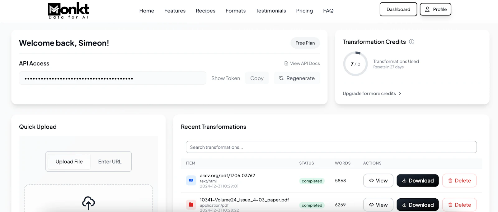 Monkt screenshot — Transform files and web pages into AI-ready Markdown or JSON