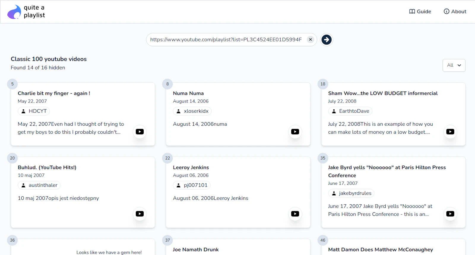 Quite a Playlist screenshot — Find deleted & private video details from YouTube playlists