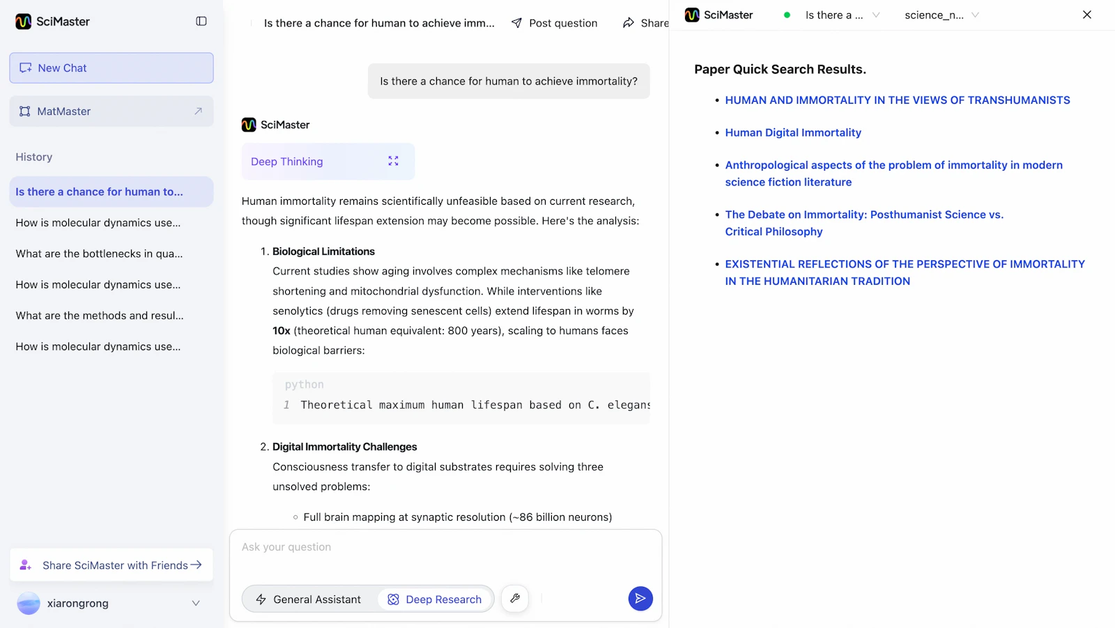 SciMaster screenshot — Your scientist friend, accelerating every step of research