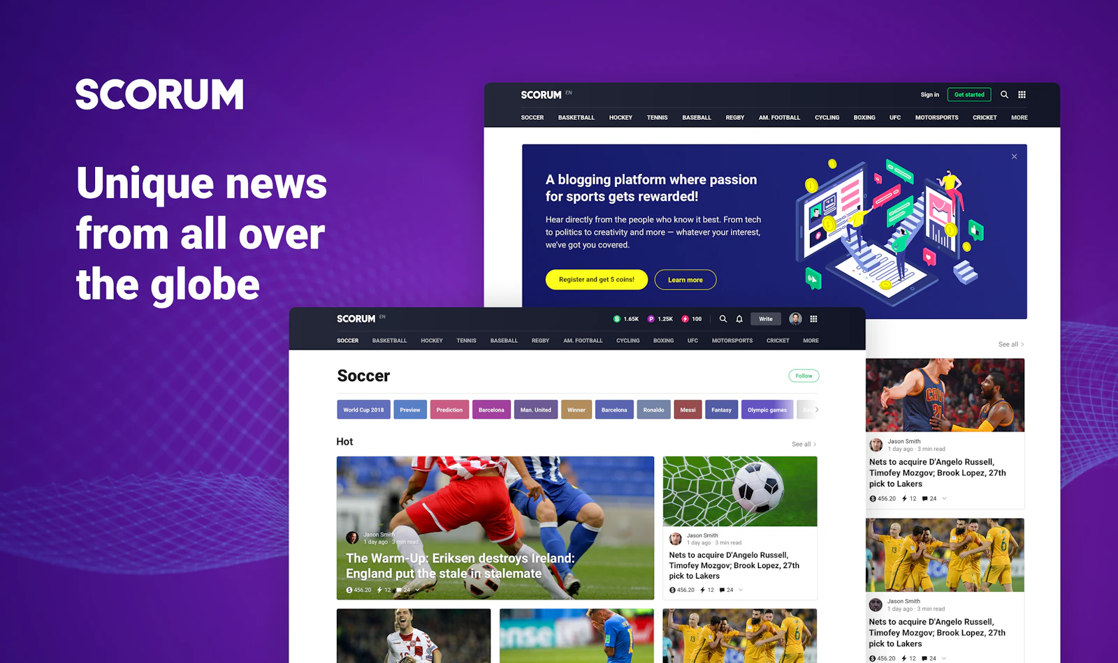 Scorum.com screenshot — Become a paid sports blogger