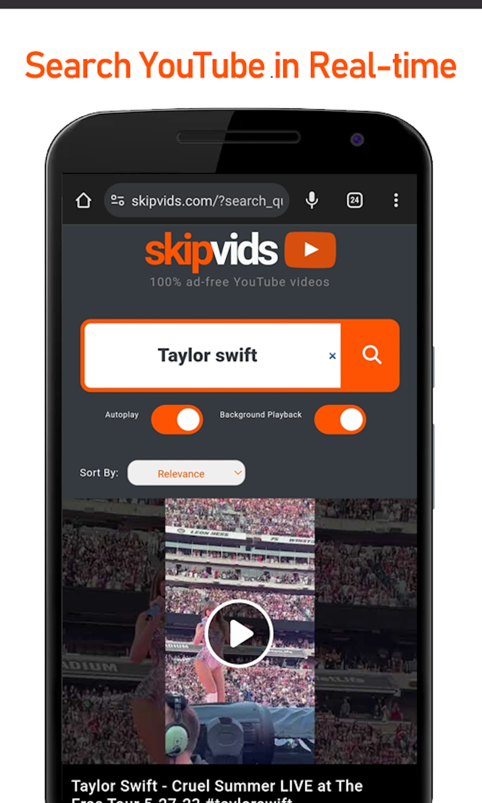 SkipVids.com screenshot — 100% ad-free YouTube videos