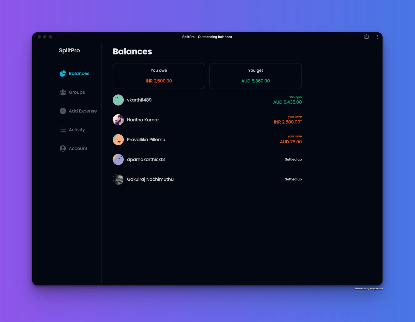 Splitpro screenshot — Free drop in replacement  to Splitwise
