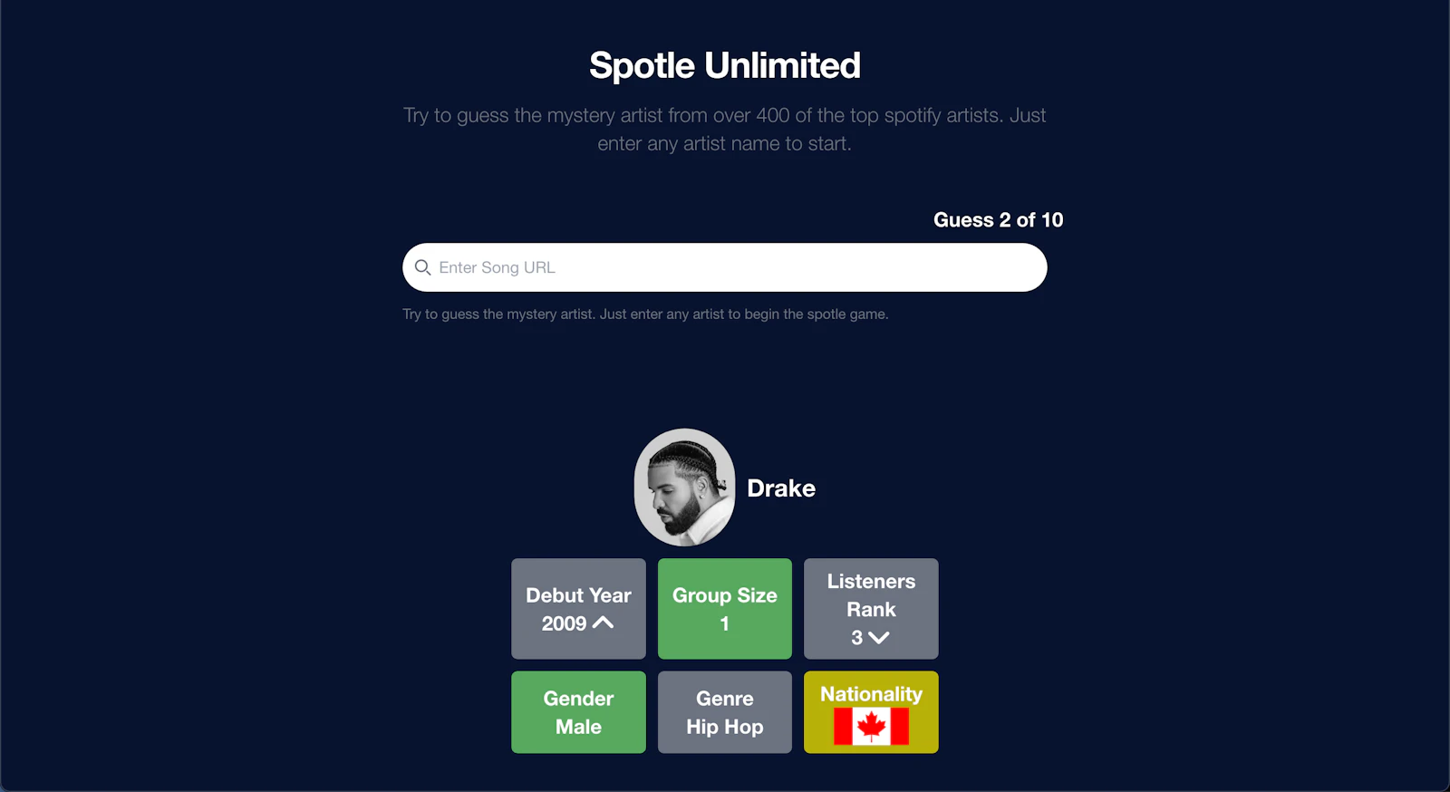 Spotle screenshot — Unlimited Spotify artist guessing game