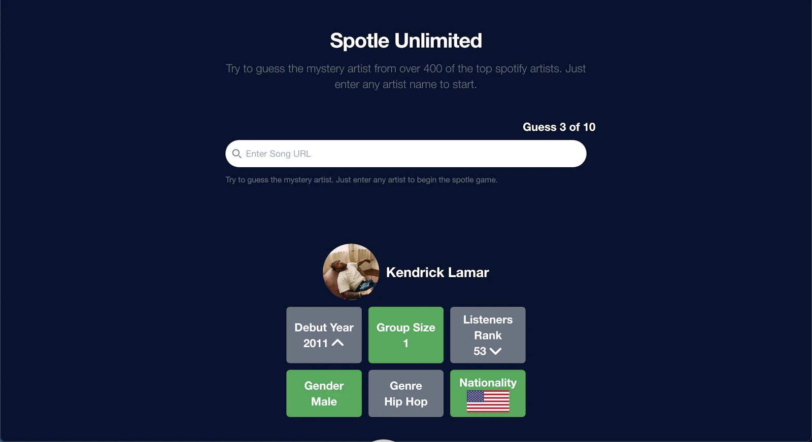 Spotle screenshot — Unlimited Spotify artist guessing game
