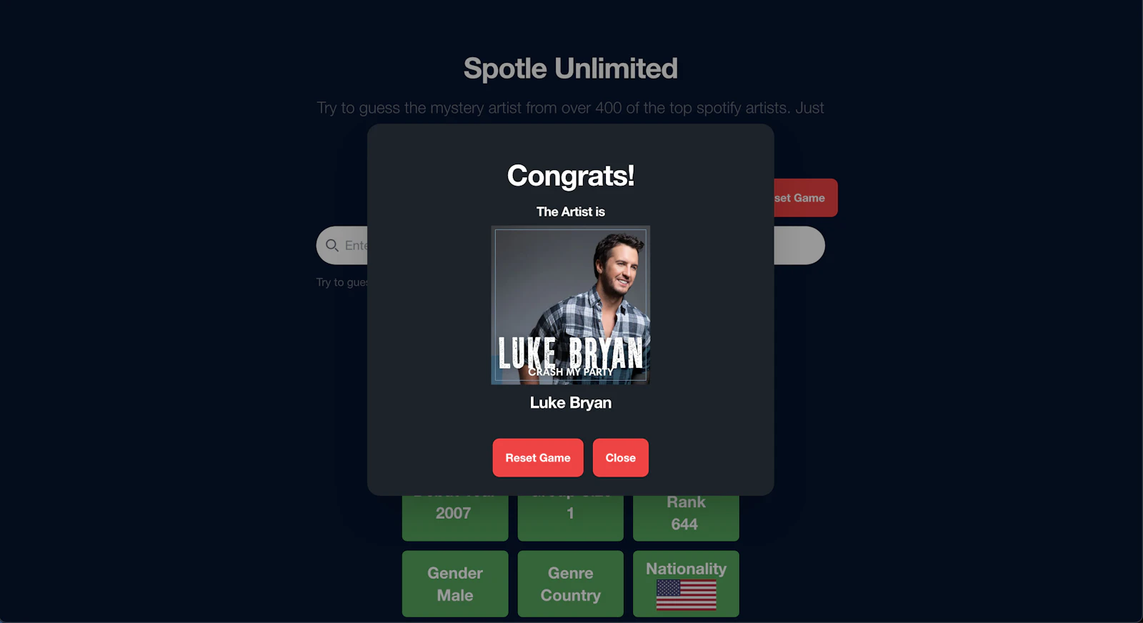 Spotle screenshot — Unlimited Spotify artist guessing game