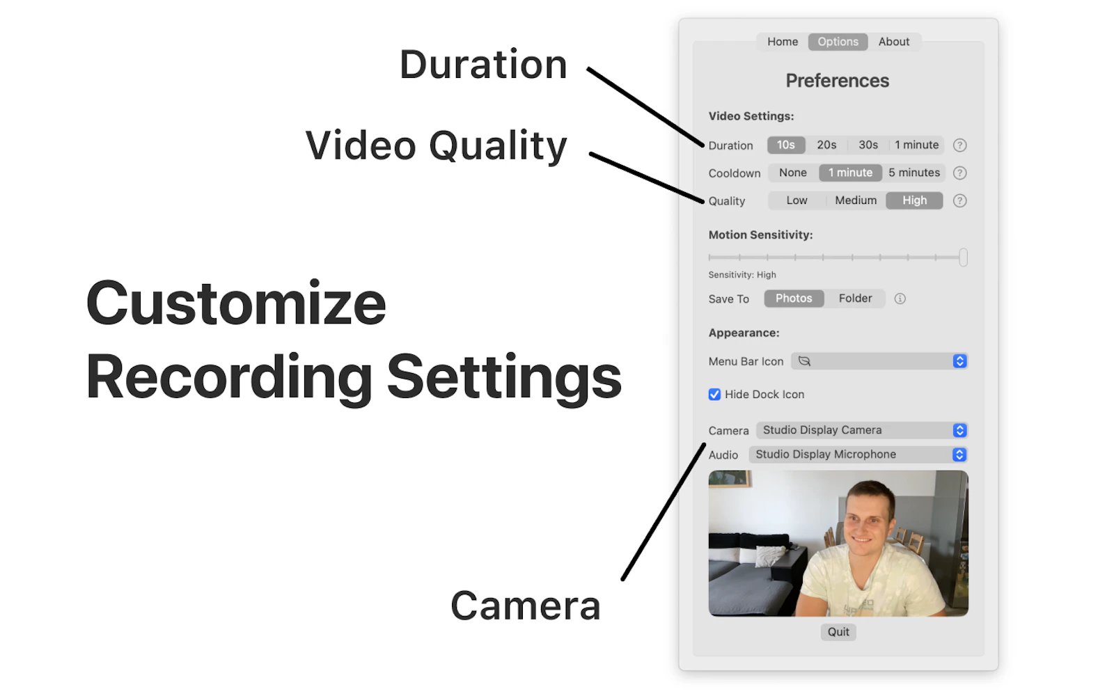 SpyCam screenshot — Mac menu bar camera app that detects motion + records video