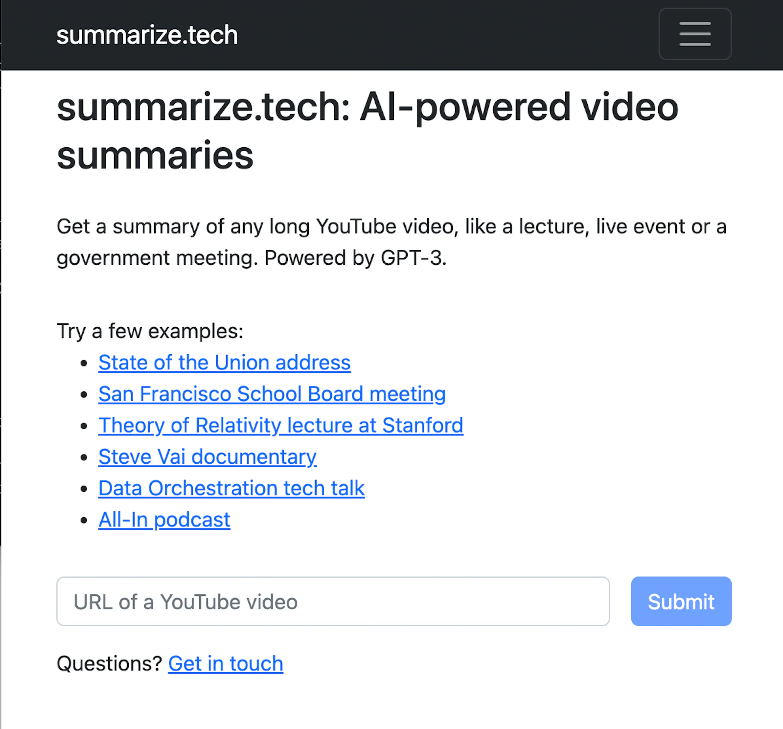Summarize.tech screenshot — GPT3-powered summaries of long YouTube videos
