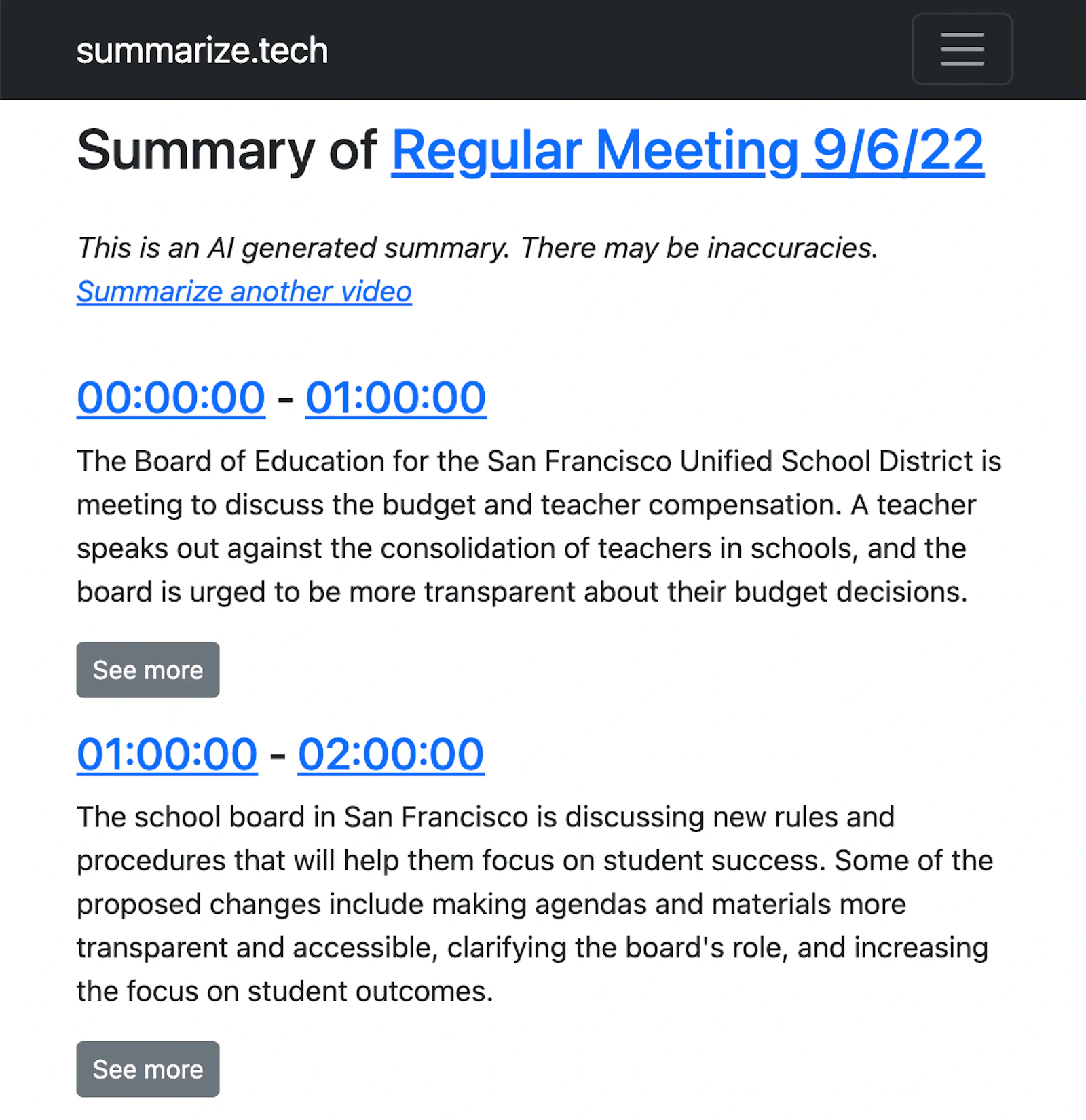 Summarize.tech screenshot — GPT3-powered summaries of long YouTube videos