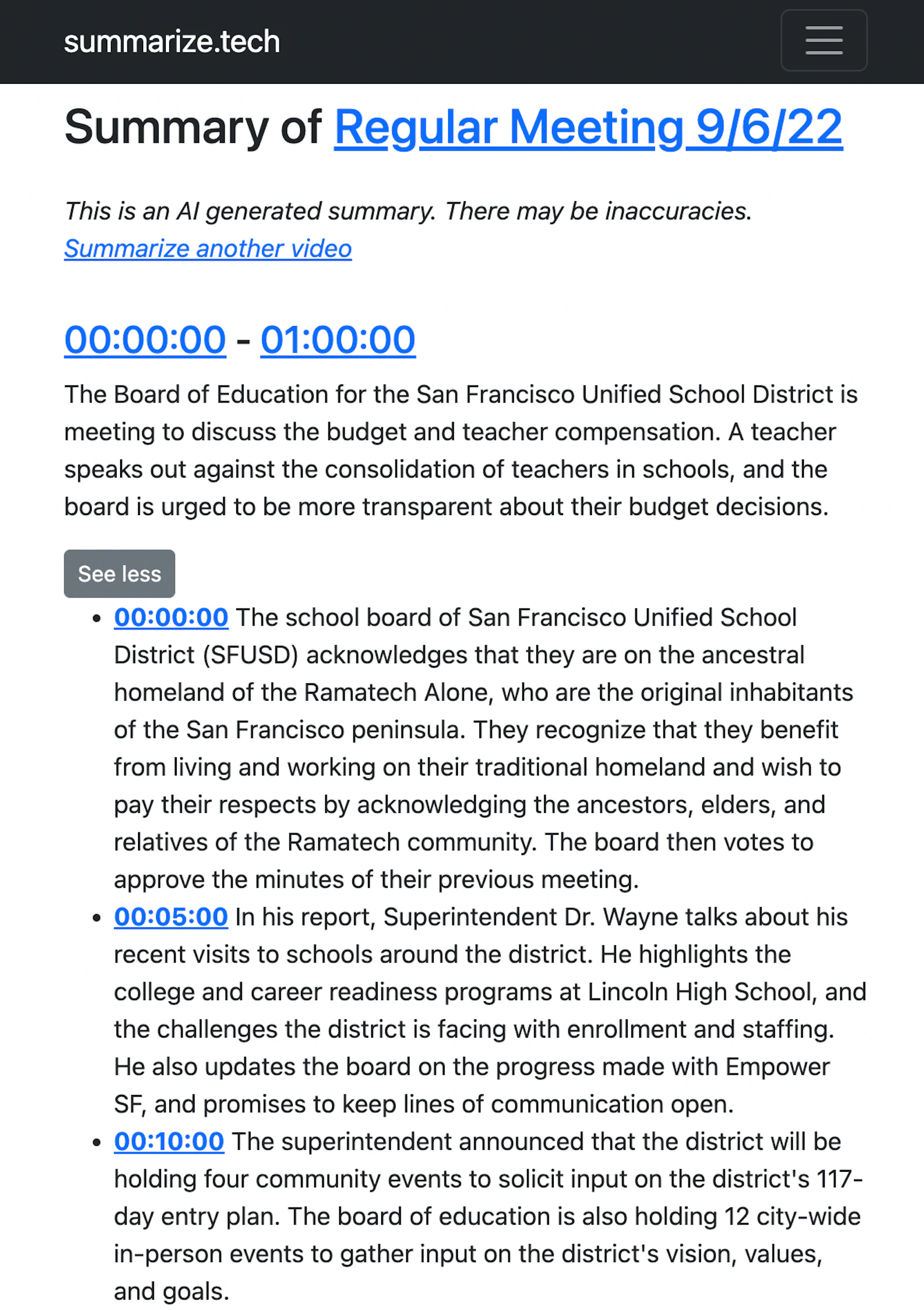 Summarize.tech screenshot — GPT3-powered summaries of long YouTube videos