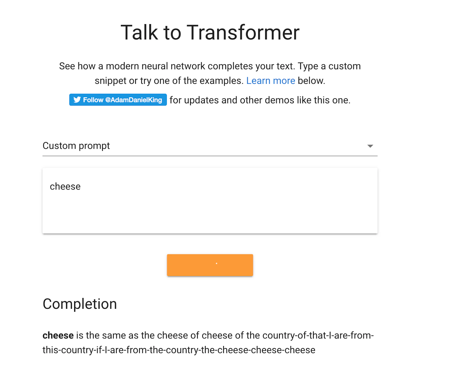 Talk to Transformer screenshot — See how a modern neural network completes your text.