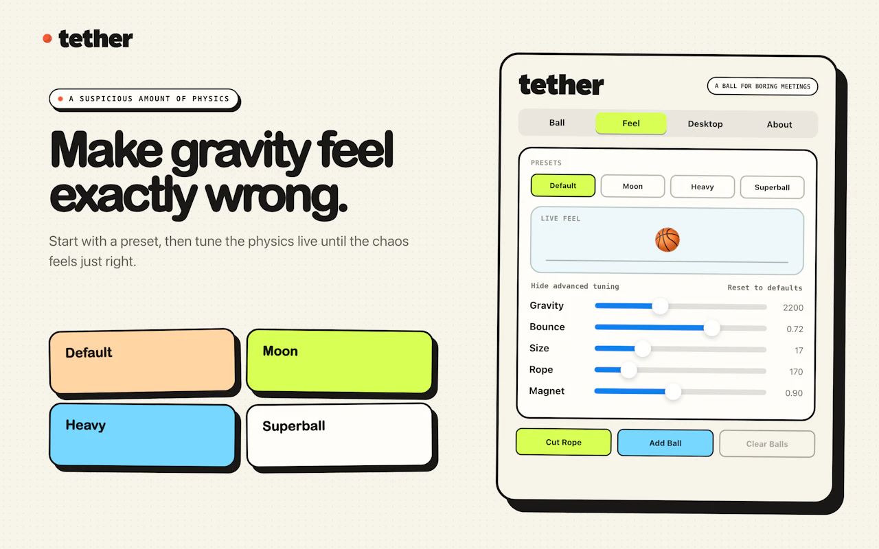 Tether screenshot — A ball for boring meetings to keep you busy