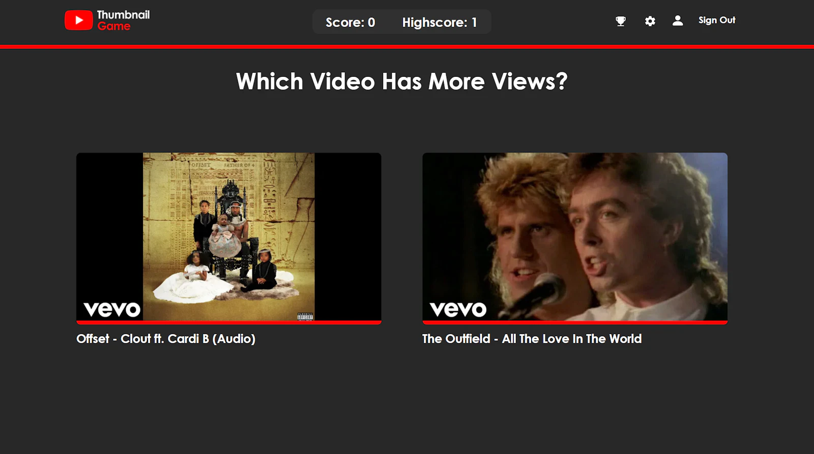 The YouTube Thumbnail Game screenshot — Guess which YouTube video thumbnail has more views