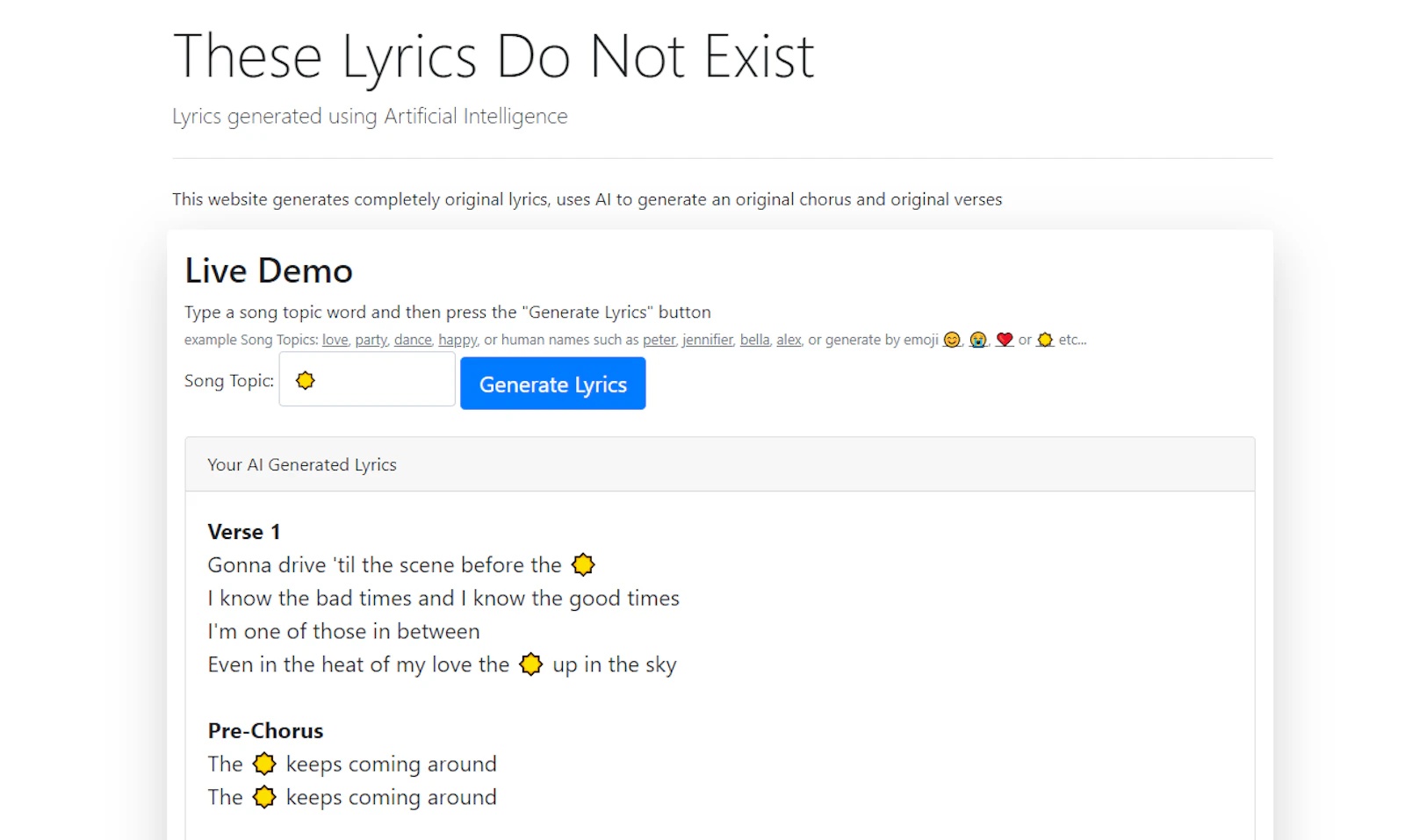 These Lyrics Do Not Exist screenshot — Song lyrics generated for any topic using AI